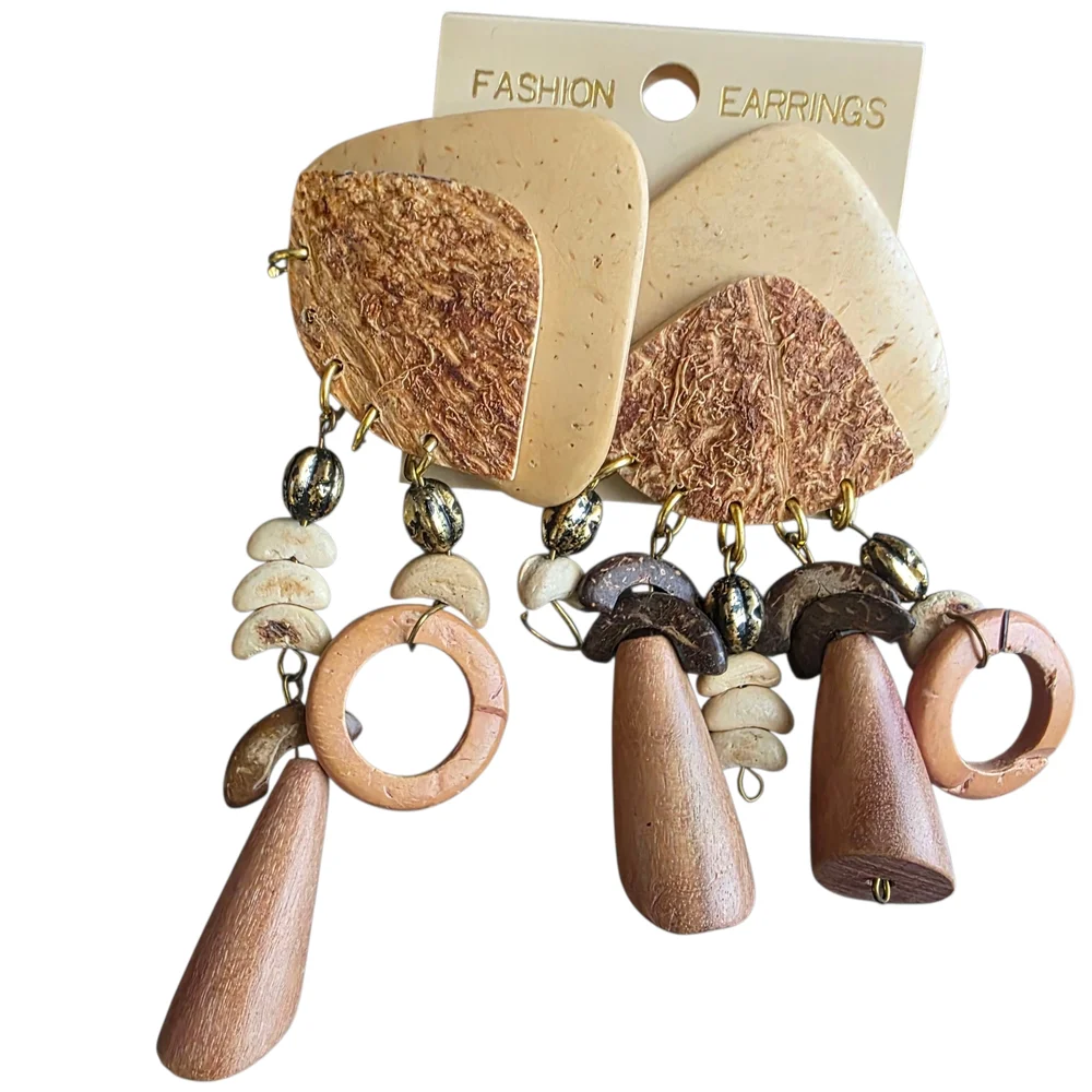 Bohemian Wood & Coconut Shell Dangle Earrings